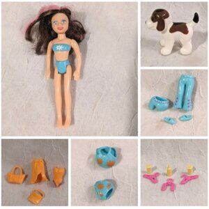Polly Pockets 2004 Log Ride Doll Wild Waves Dog Outfits Accessories Brunette Lot